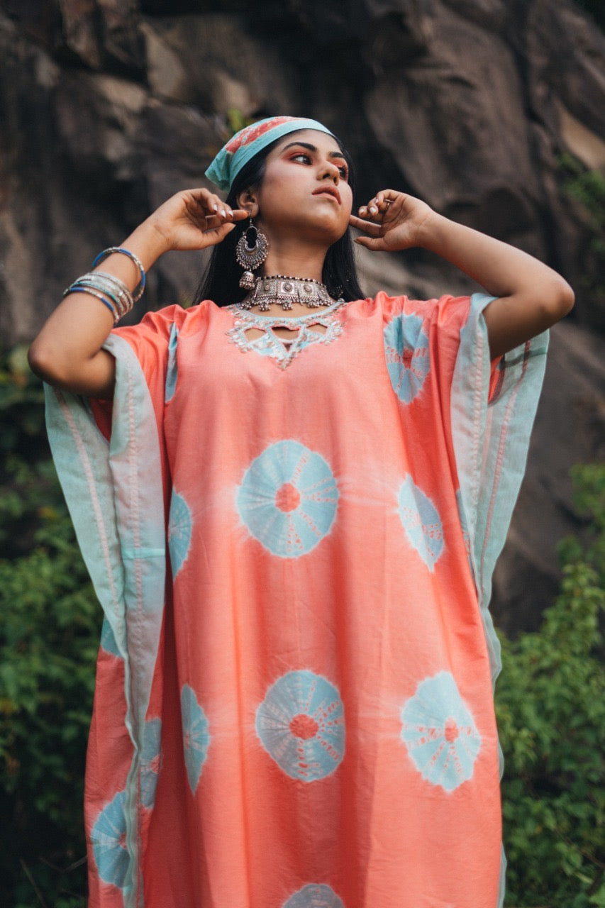 CORAL AND AQUA TIE- DYE KAFTAN