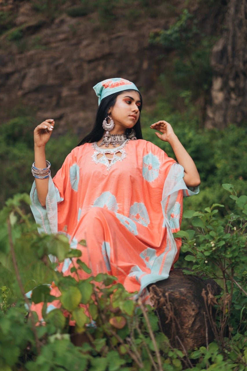 CORAL AND AQUA TIE- DYE KAFTAN