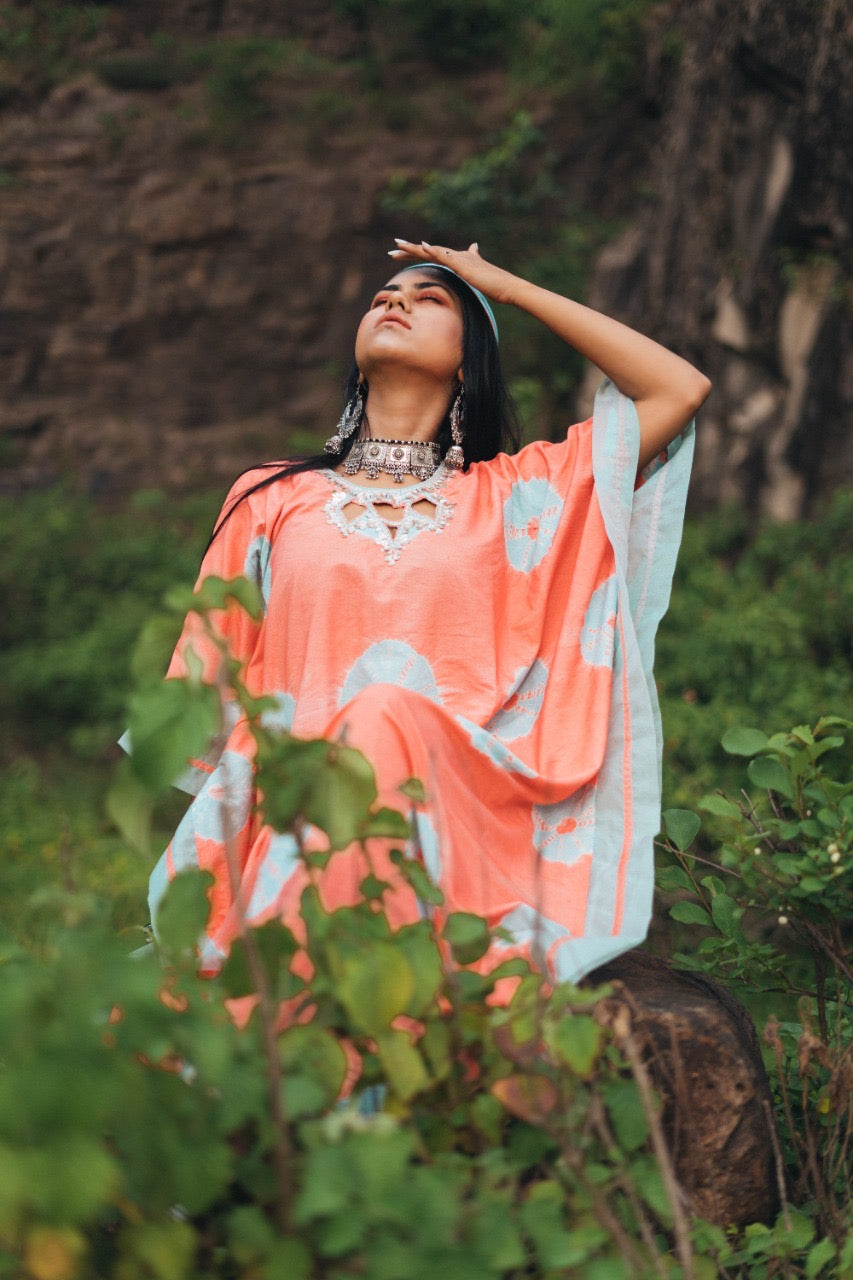 CORAL AND AQUA TIE- DYE KAFTAN