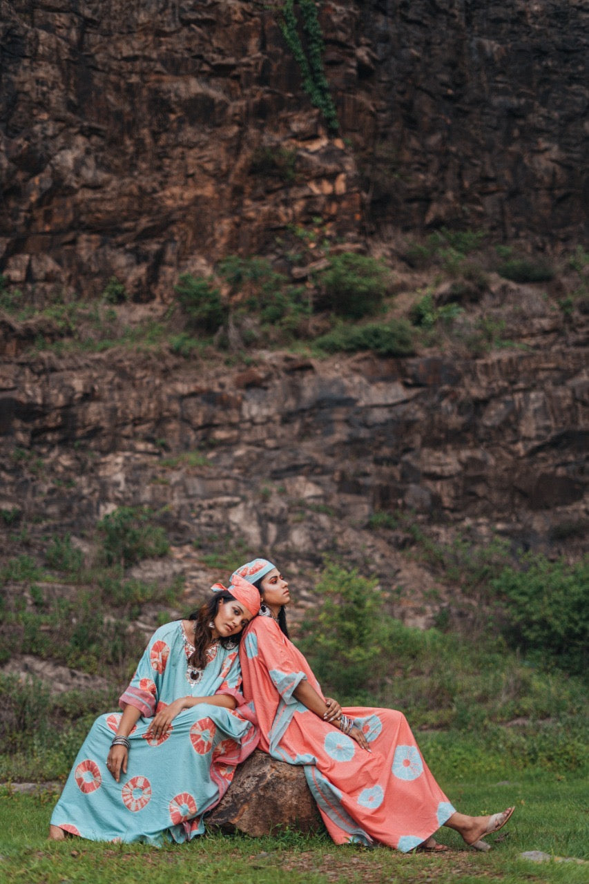 CORAL AND AQUA TIE- DYE KAFTAN