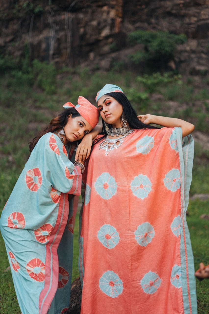 CORAL AND AQUA TIE- DYE KAFTAN