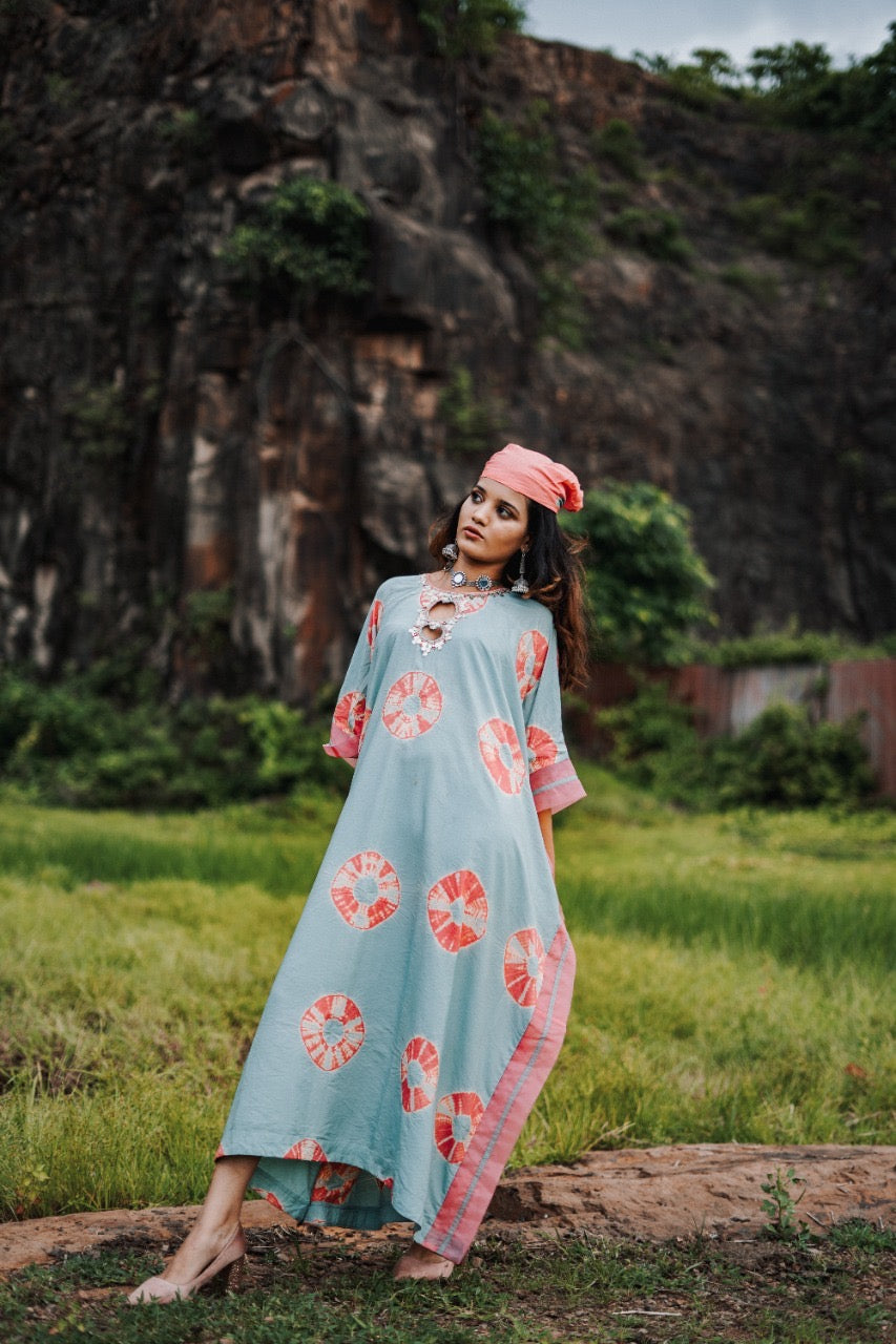 AQUA AND CORAL TIE-DYE KAFTAN