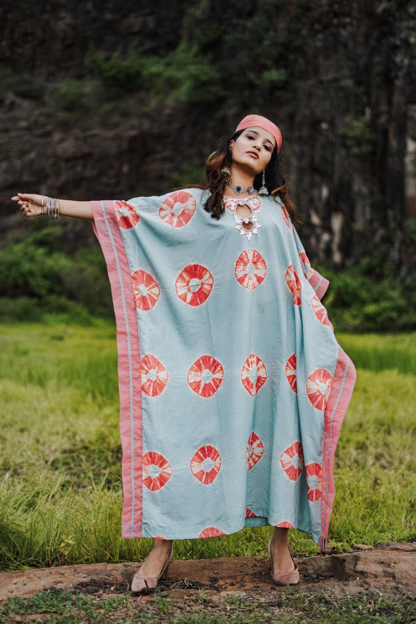 AQUA AND CORAL TIE-DYE KAFTAN