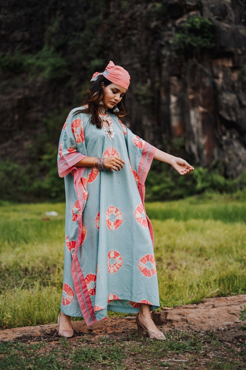 AQUA AND CORAL TIE-DYE KAFTAN