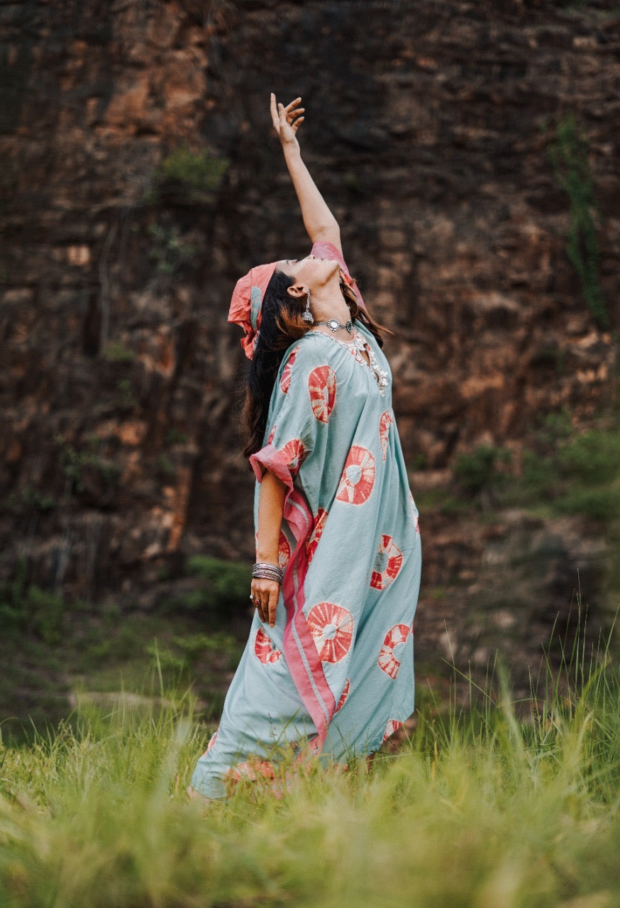 AQUA AND CORAL TIE-DYE KAFTAN