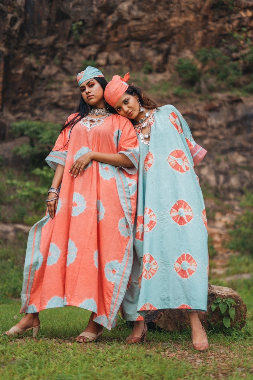 CORAL AND AQUA TIE- DYE KAFTAN