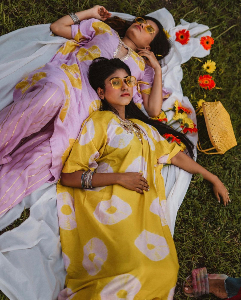 YELLOW AND LILAC TIE-DYE KAFTAN WITH PANTS