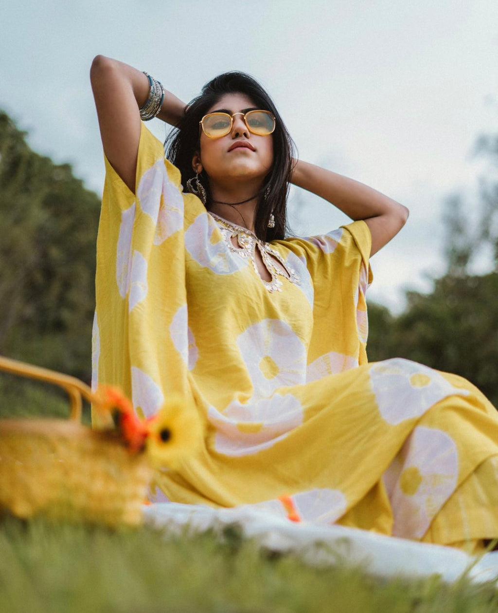 YELLOW AND LILAC TIE-DYE KAFTAN WITH PANTS