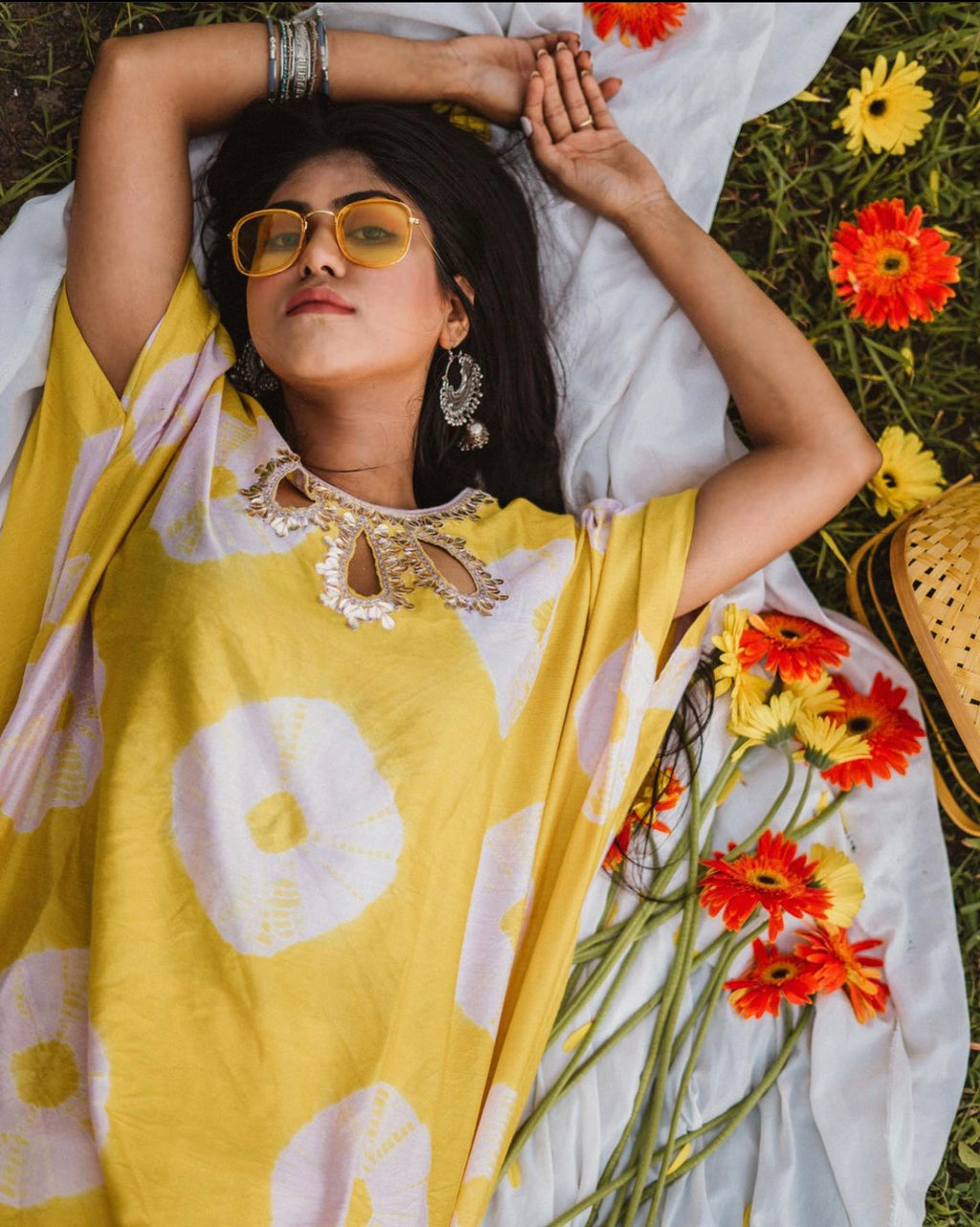 YELLOW AND LILAC TIE-DYE KAFTAN WITH PANTS